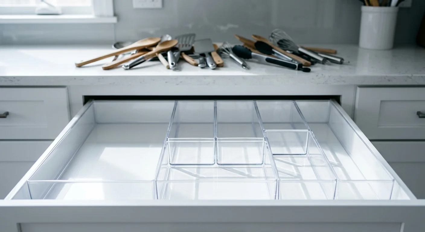 A wide kitchen drawer is pulled open, showing empty clear acrylic dividers while kitchen utensils sit cluttered on the counter above.
