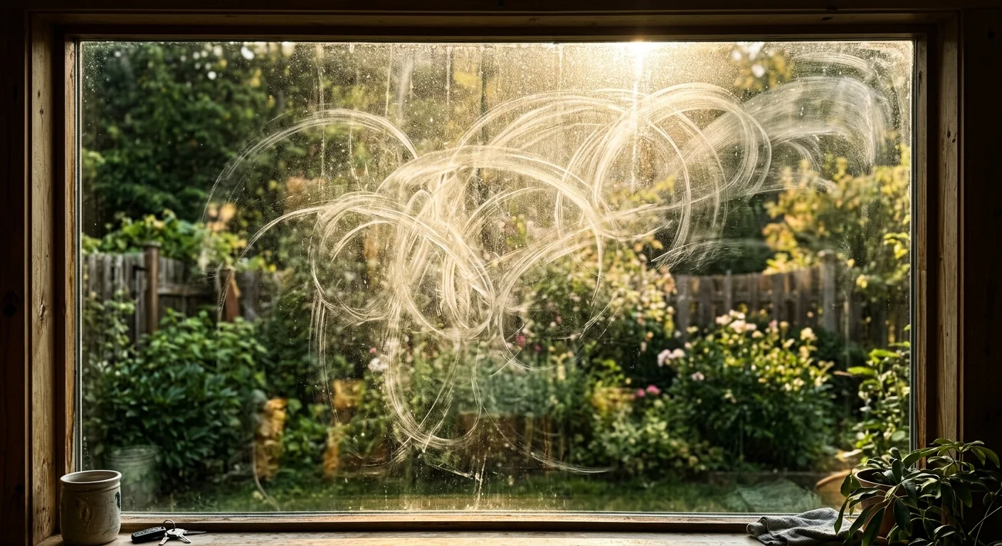A wide shot looking through a home window heavily clouded with white, looping streaks of dried glass cleaner catching the bright sun.