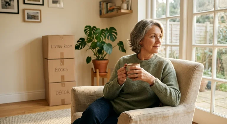 A woman holding a mug sits peacefully in a sunlit room beside stacked moving boxes and a houseplant, reflecting during a move.