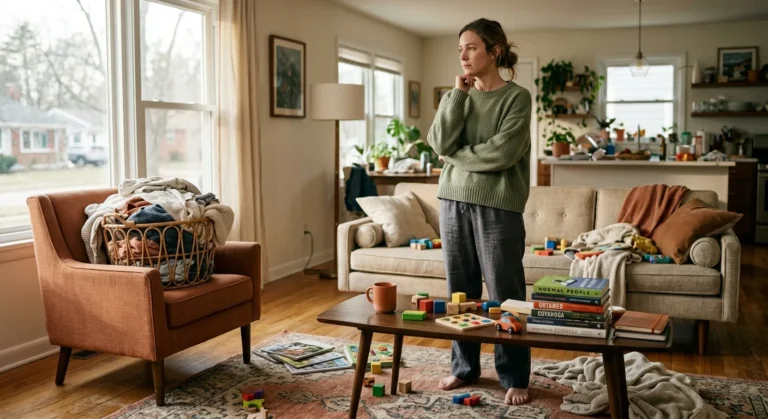 A woman stands in a cluttered living room under warm afternoon light, contemplating the piles of laundry and toys around her.