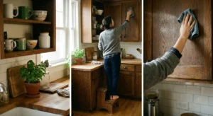 A woman stands on a step stool to wipe down the hard-to-reach top of a kitchen cabinet with a microfiber cloth in a sunlit kitchen.