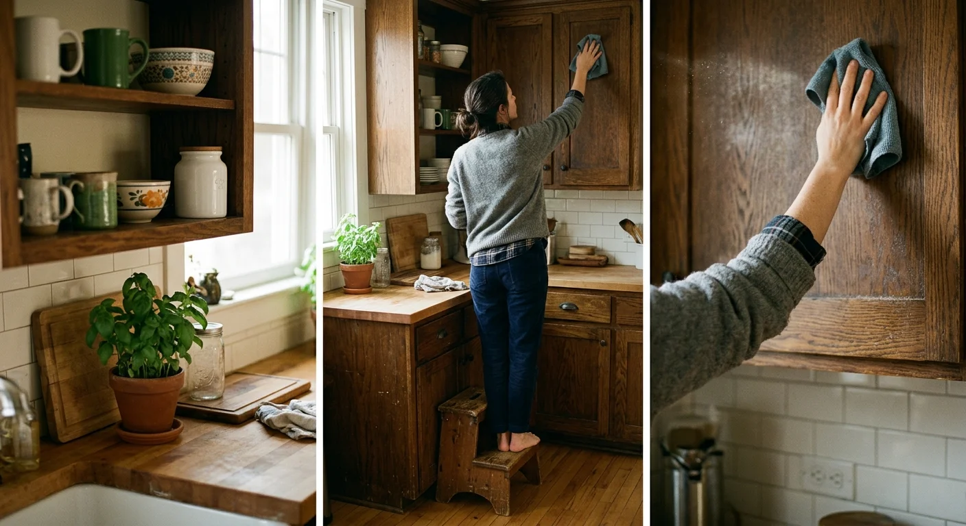 A woman stands on a step stool to wipe down the hard-to-reach top of a kitchen cabinet with a microfiber cloth in a sunlit kitchen.