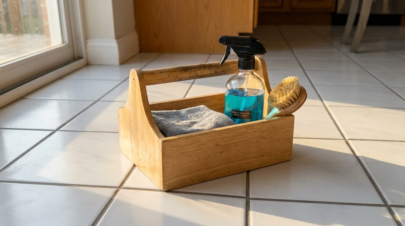 A wooden cleaning caddy with a spray bottle and microfiber cloth sits on a clean, sunlit bathroom floor.
