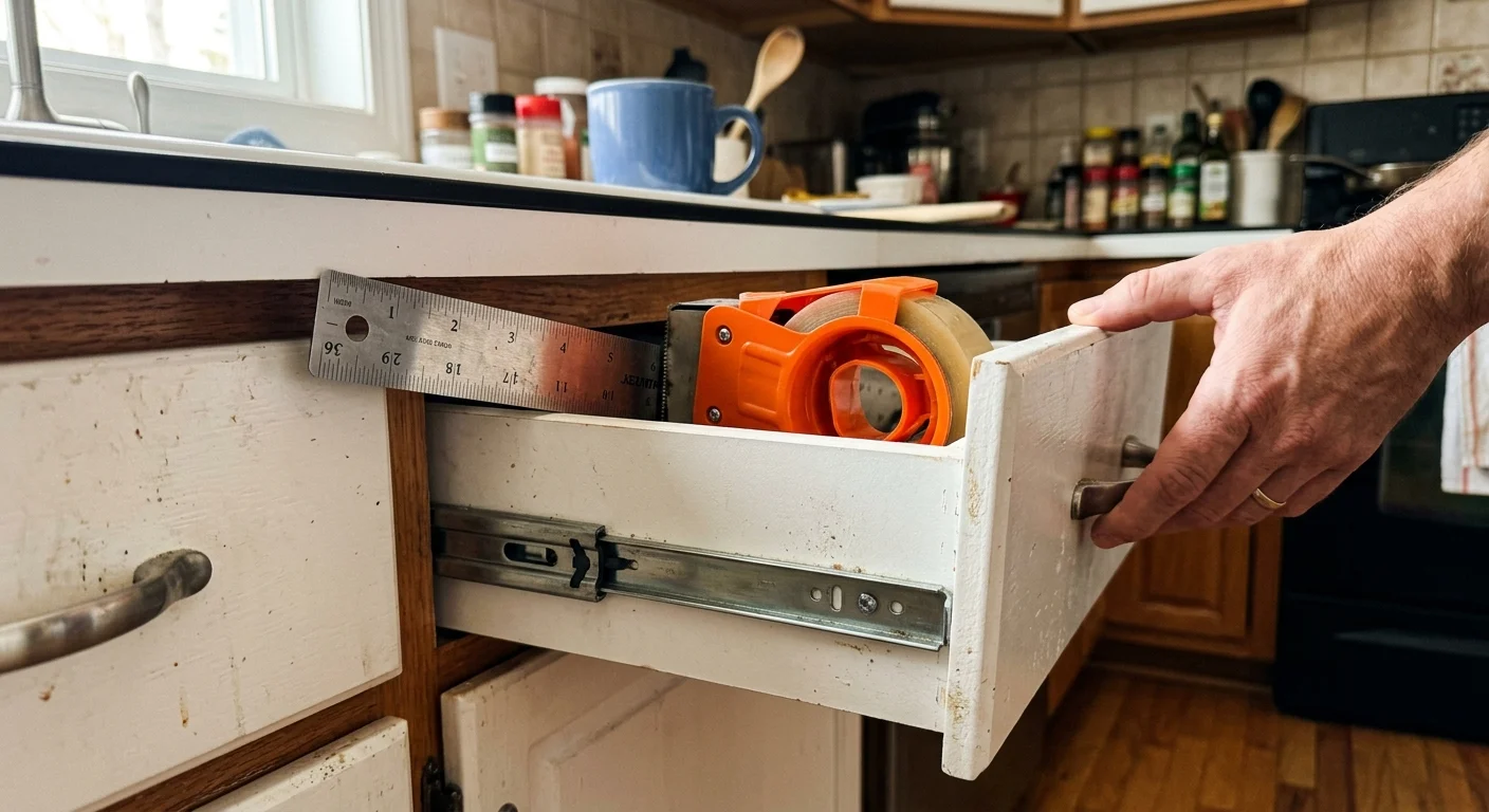 A wooden kitchen drawer jammed half-open with an oversized ruler and tape dispenser wedged against the cabinet frame.