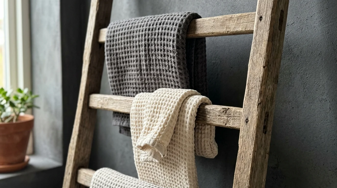A wooden leaning ladder rack holding textured waffle-weave towels against a dark grey wall.