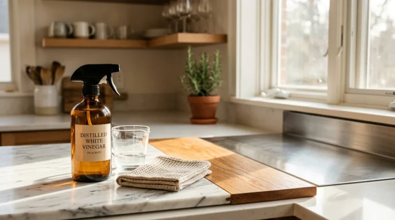 Amber glass spray bottle labeled distilled white vinegar on a marble kitchen countertop beside a cloth and measuring cup.