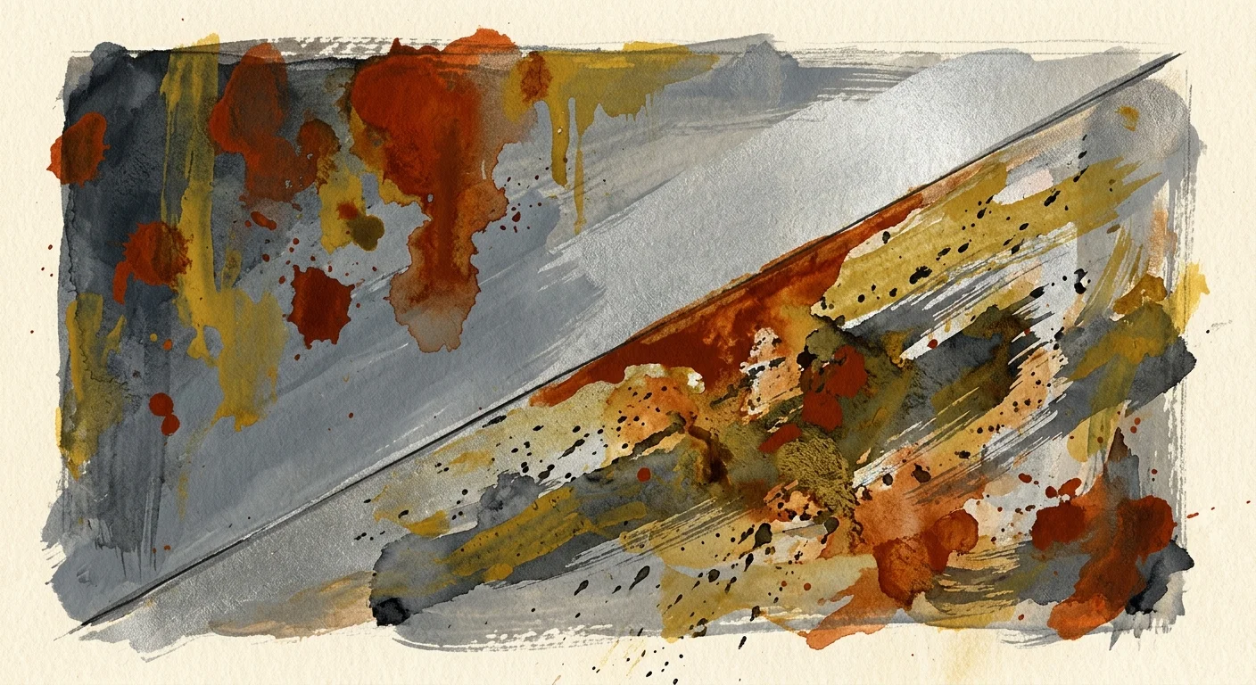 An abstract gouache illustration of a metallic wall with textured orange rust patches and yellow grease streaks.