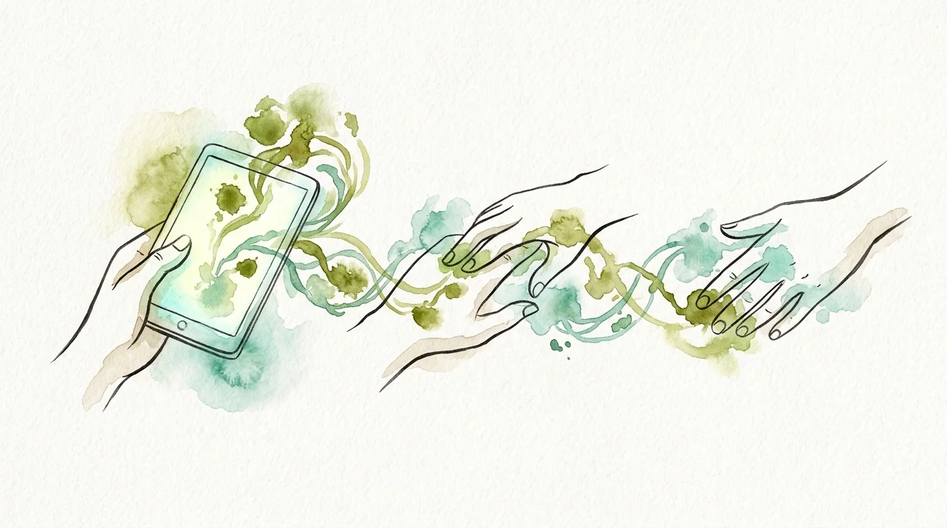 An abstract watercolor illustration of hands passing a tablet, with soft green and teal washes representing germ transfer.
