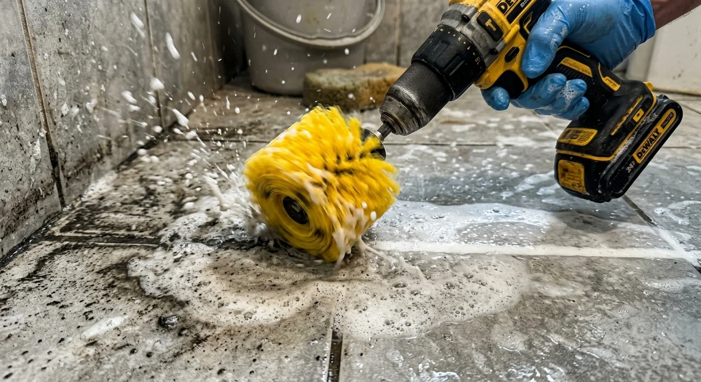 An action photograph of a yellow drill brush attachment cleaning dirty tile grout, sending soapy foam splatters flying.