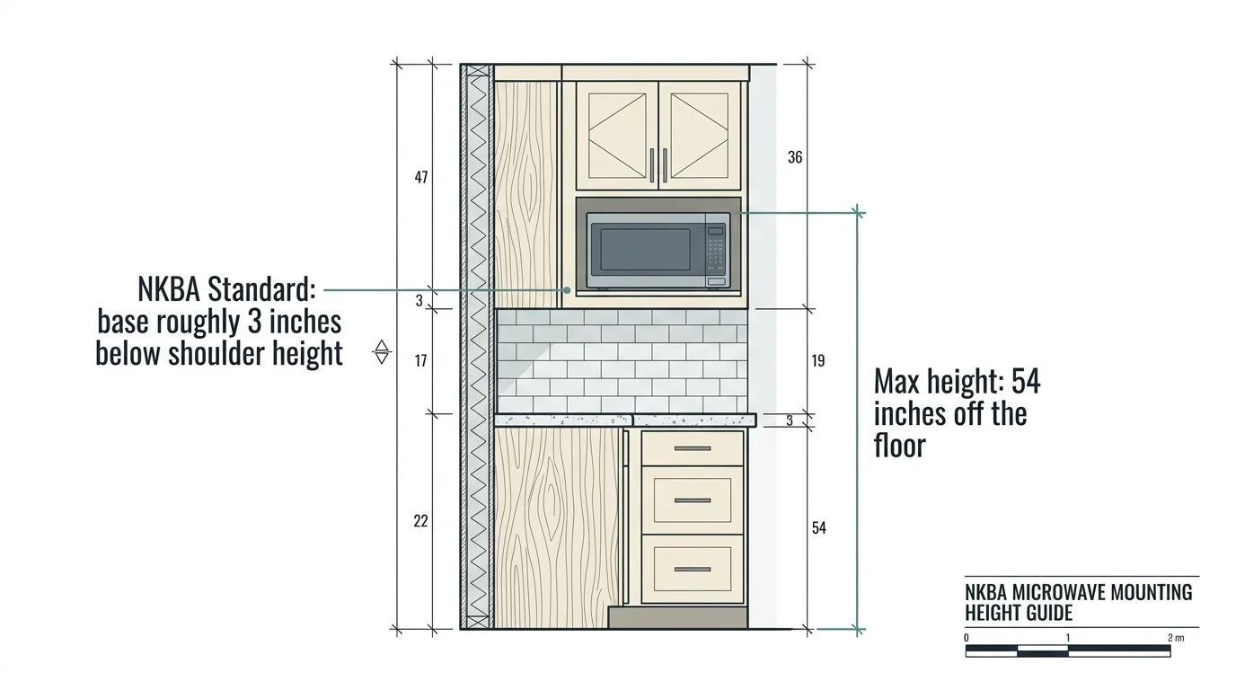 An architectural elevation diagram illustrating safe and standard heights for a wall-mounted microwave.