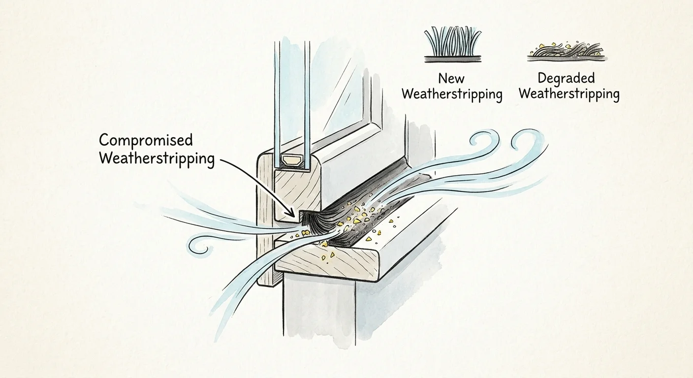 An architectural-style illustration of window weatherstripping flattened by dirt, allowing cold blue drafts to pass through.
