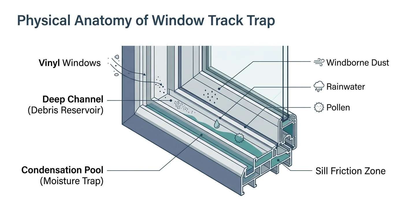 An editorial diagram showing the structural features of a window track that make it a natural trap for dust, water, and pollen.
