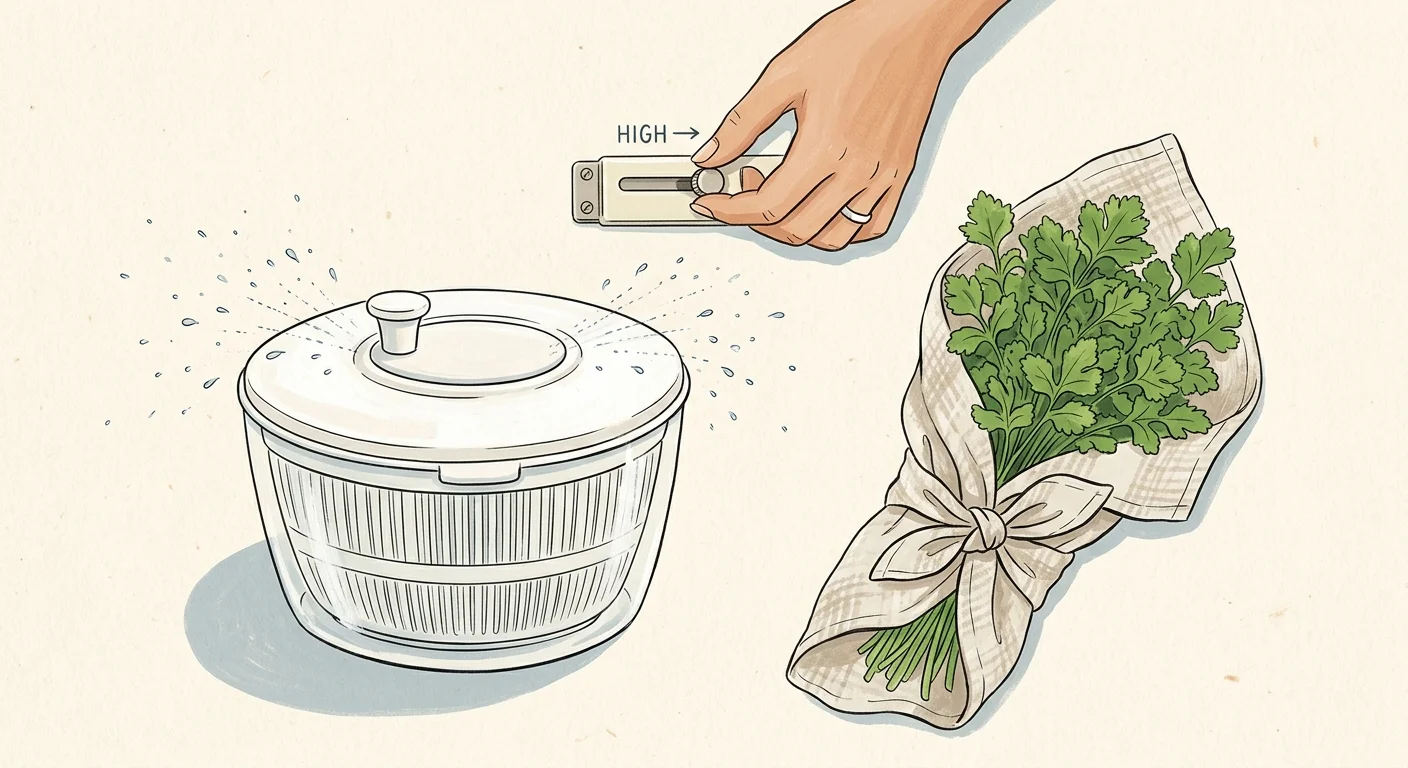 An editorial flat-lay illustration showing a salad spinner, a linen towel wrapping greens, and a drawer slider being adjusted.