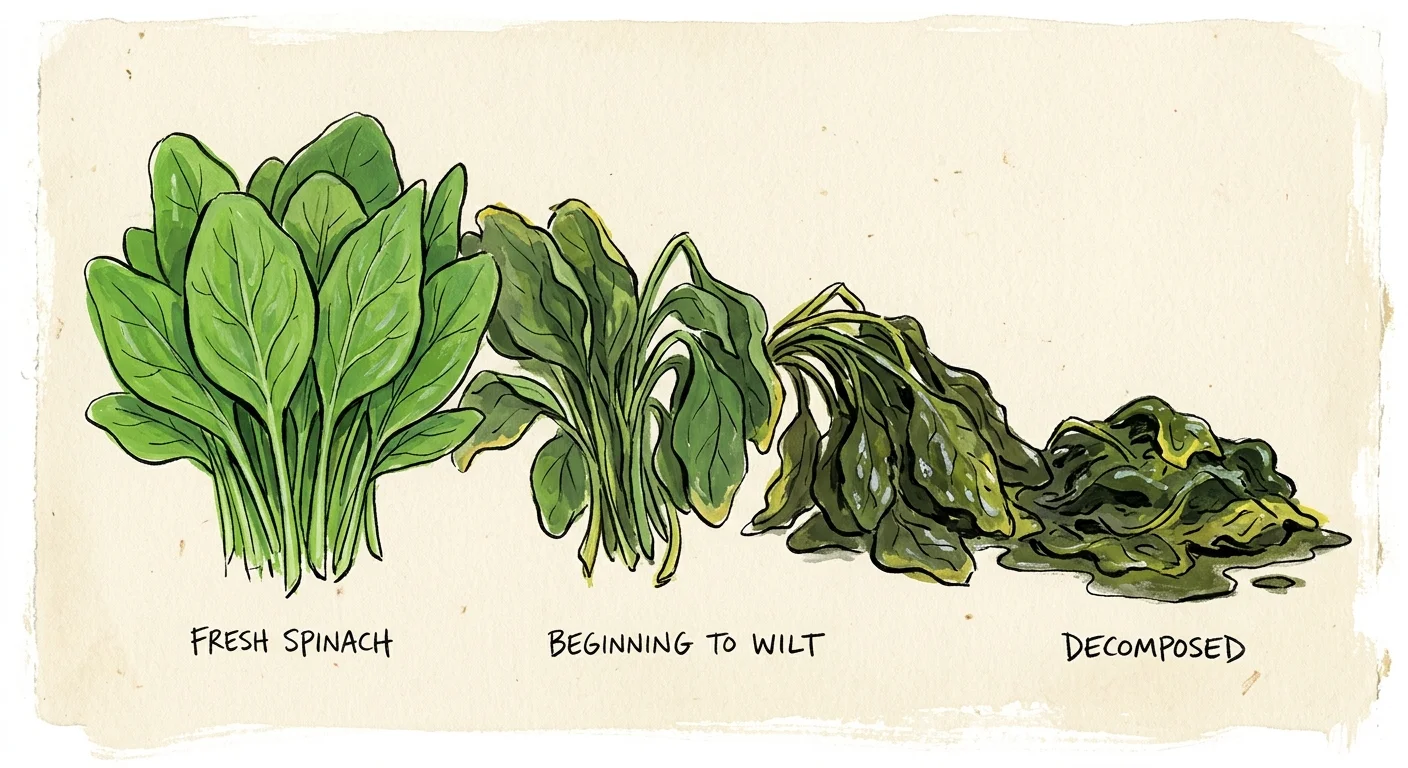 An editorial gouache illustration showing spinach leaves transitioning from crisp green to wilted and slimy.