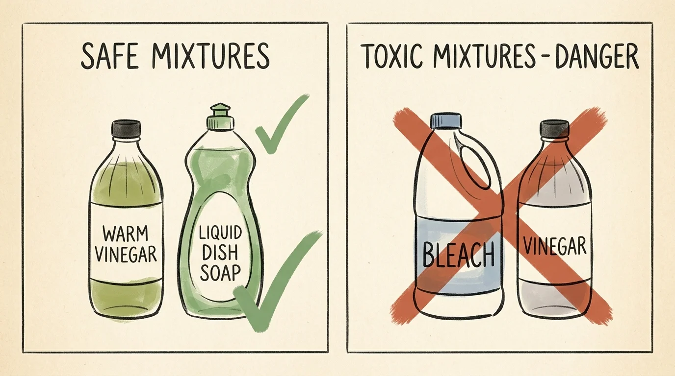 An editorial illustration highlighting safe cleaning mixtures versus toxic bleach combinations.