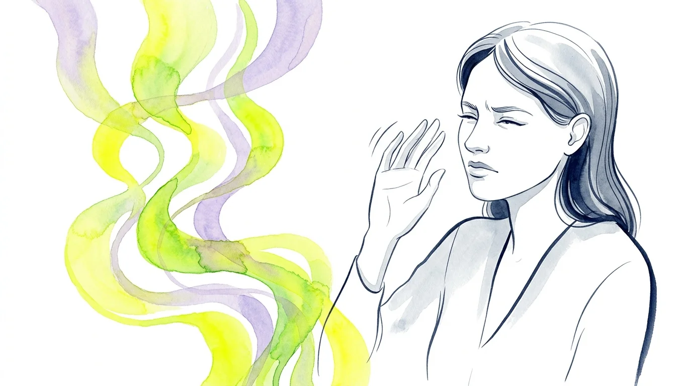 An editorial illustration of a person waving their hand in front of their face to block swirling, colorful watercolor vapors of strong fragr