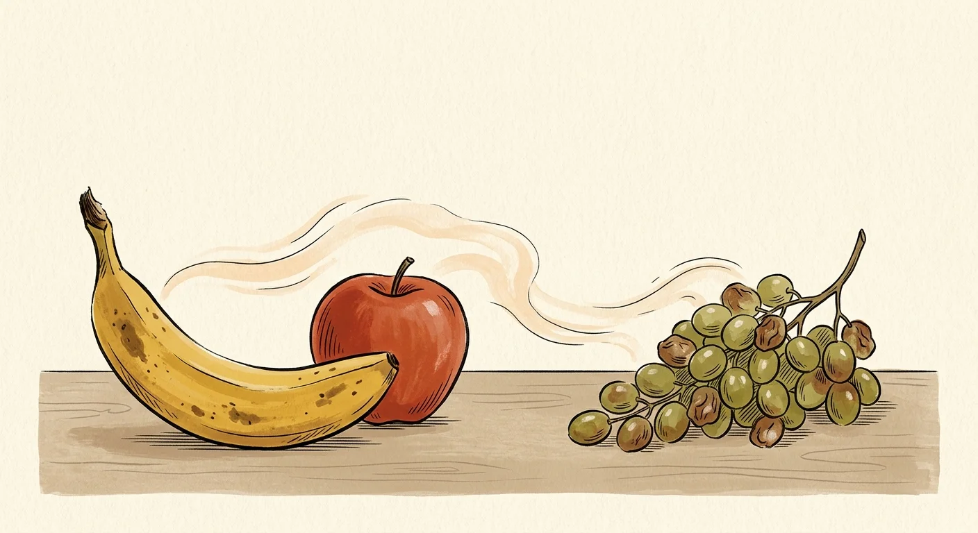 An editorial illustration of an apple and banana emitting a stylized gas cloud toward browning grapes.