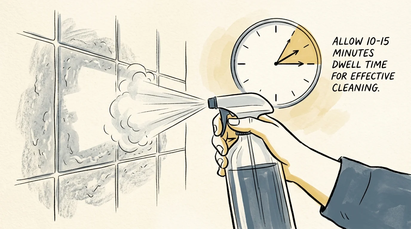 An editorial illustration showing a spray bottle misting tile grout next to a minimalist clock indicating waiting time.