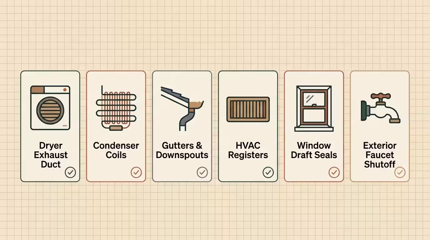 Checklist infographic with icons for dryer exhaust, condenser coils, gutters, HVAC registers, window seals, and faucets.