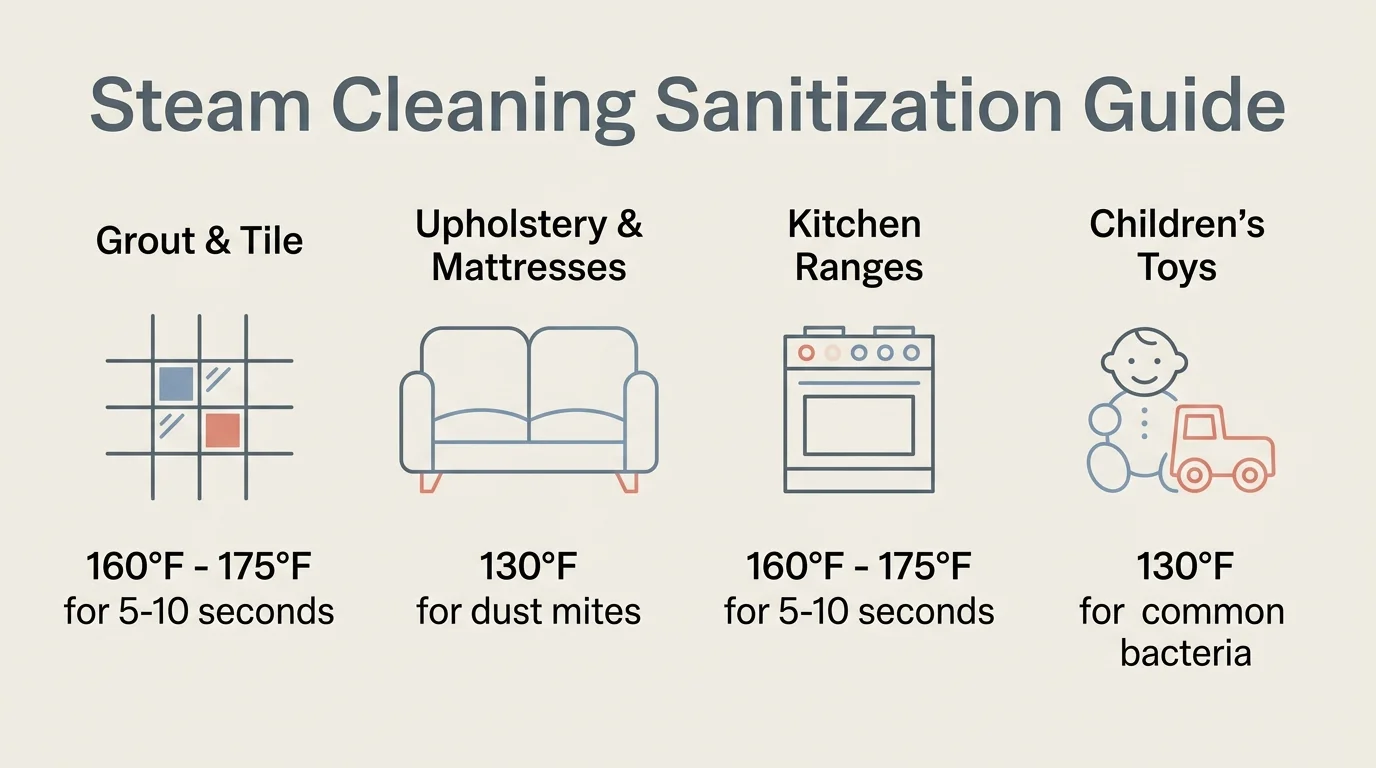 An editorial infographic guide showing recommended steam sanitization times and temperatures for different home items.