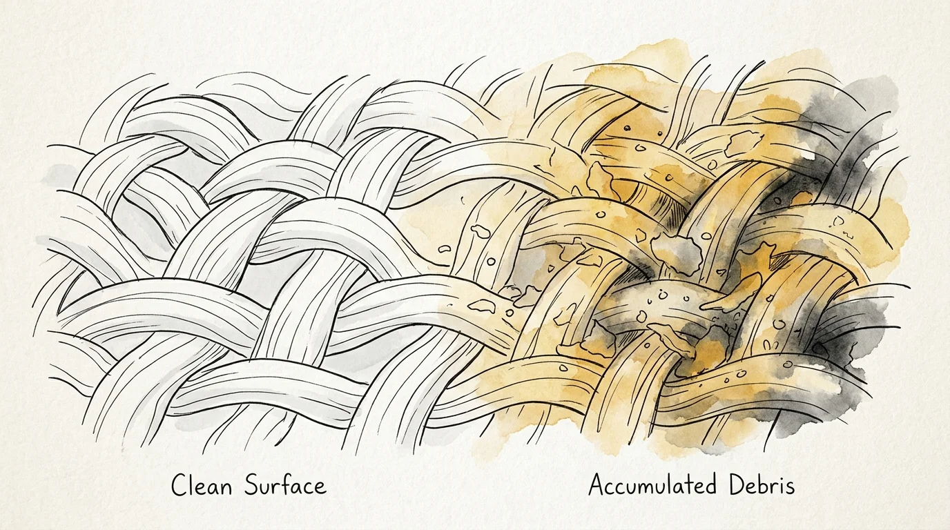 An editorial ink and watercolor illustration showing organic skin cell particles settling into a magnified fabric weave.