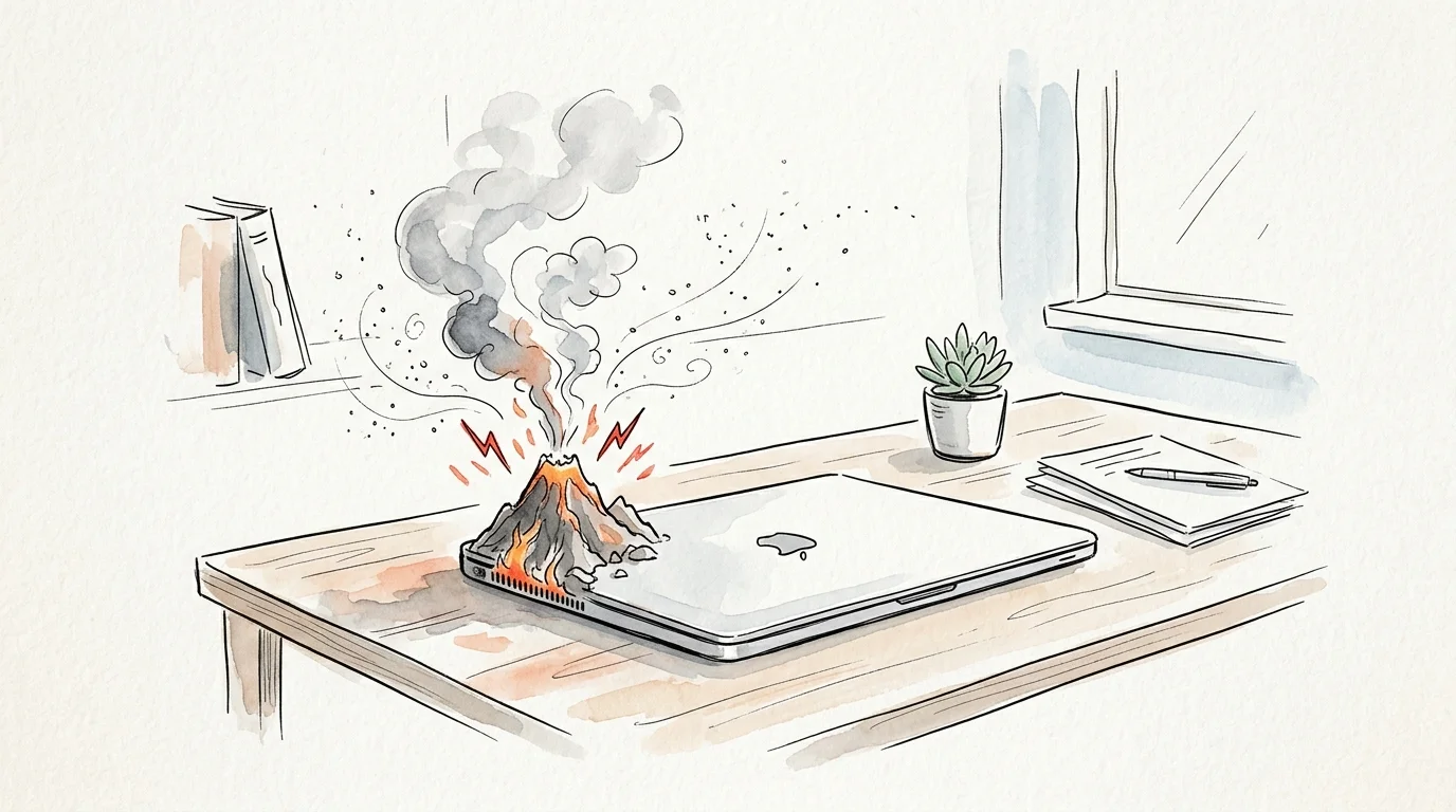 An editorial watercolor illustration of a laptop whimsically venting small puffs of smoke like a volcano to show overheating.