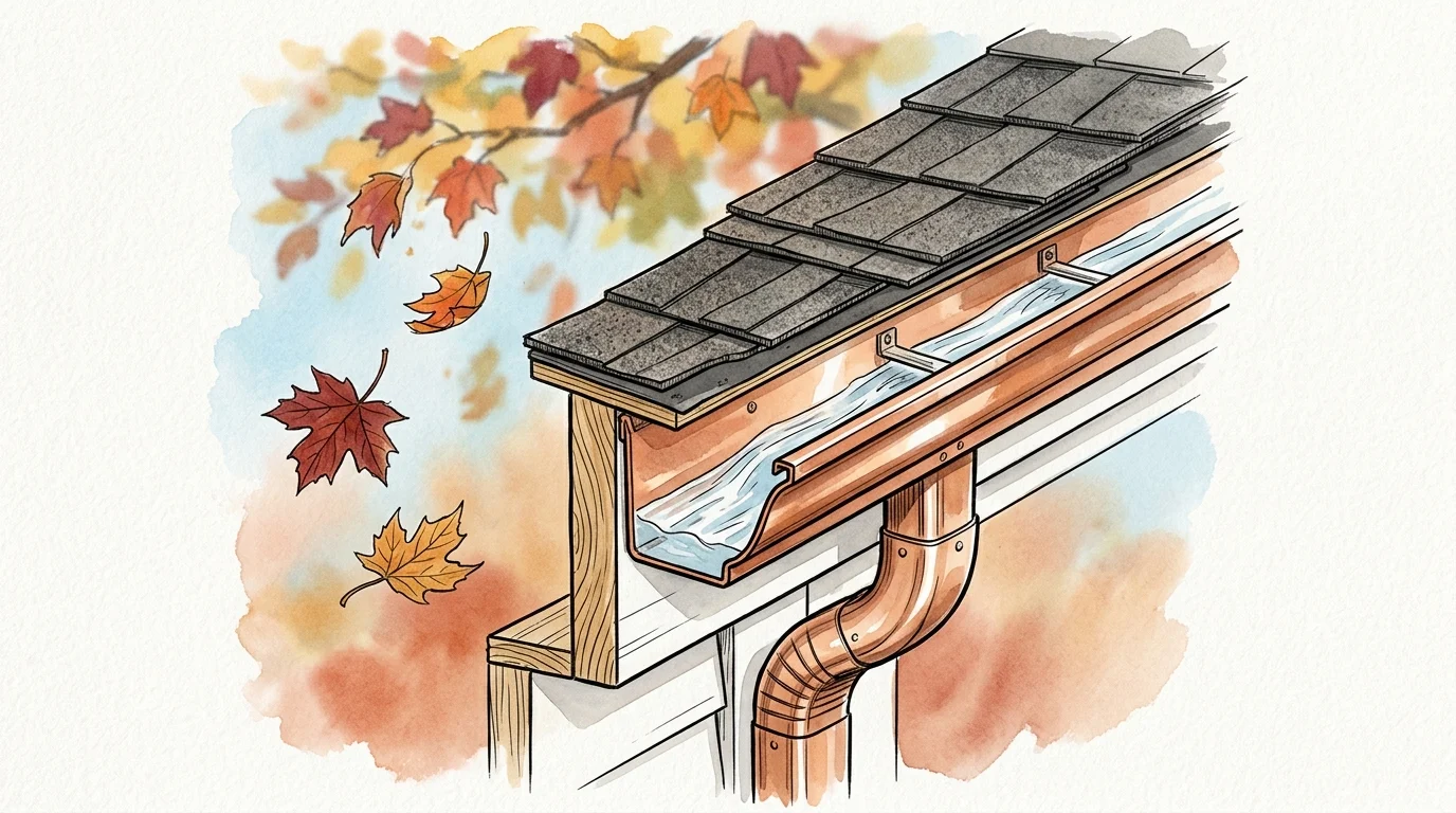 An editorial watercolor illustration of clean copper gutters with water flowing smoothly as autumn leaves fall in the background.