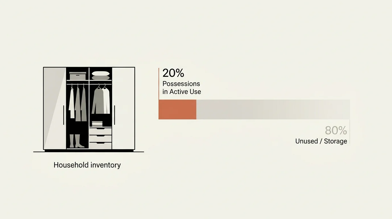 An elegant editorial diagram showing a bar chart labeled '20% Possessions in Active Use' next to a '80% Unused' section.