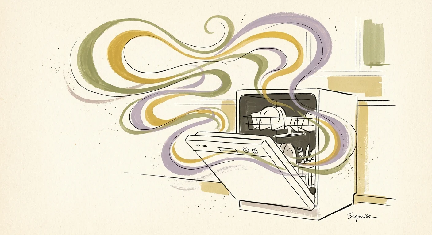 An elegant gouache illustration of an open dishwasher with stylized green and yellow odor vapors curling into the air.
