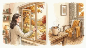 An elegant watercolor and ink illustration of a cozy home interior with autumn leaves outside a clean window.
