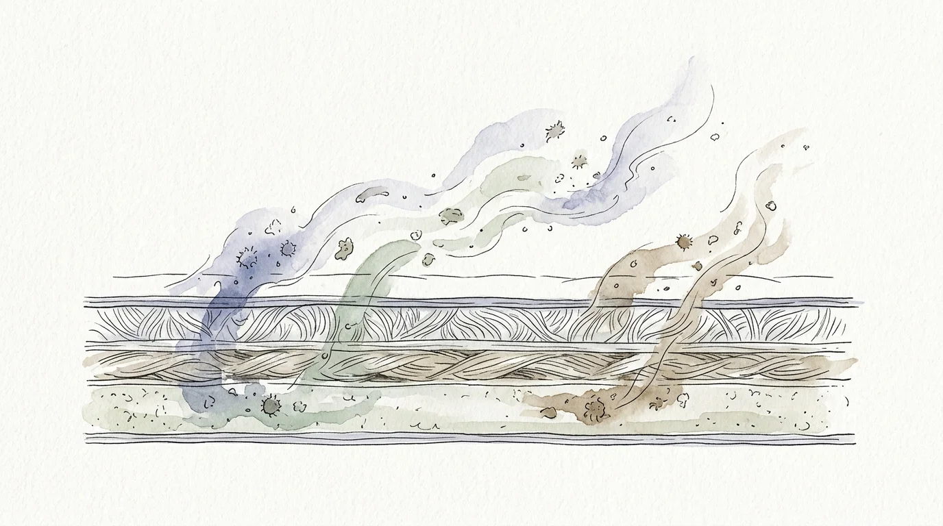 An elegant watercolor and ink illustration of microscopic dust and allergen particles rising from mattress fibers.