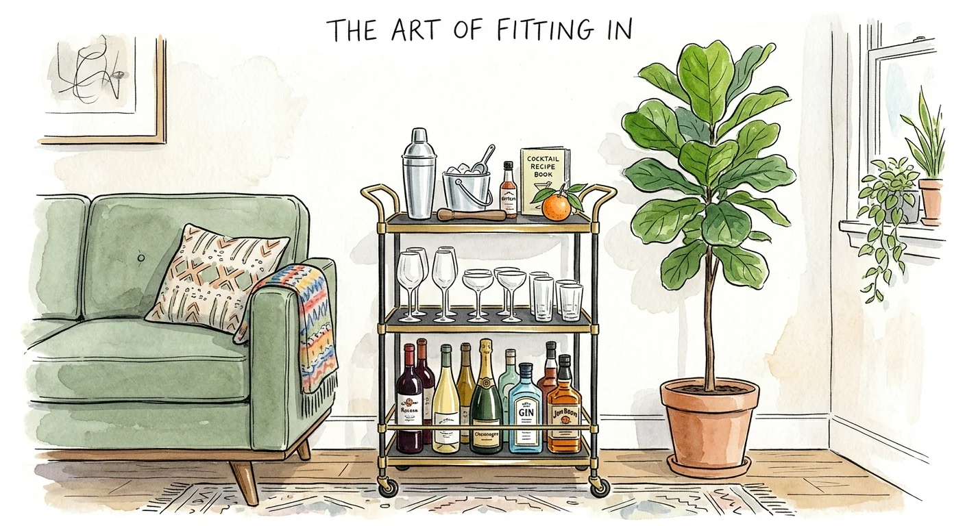 An elegant watercolor illustration of a slim, three-tiered rolling bar cart tucked neatly beside a sofa.