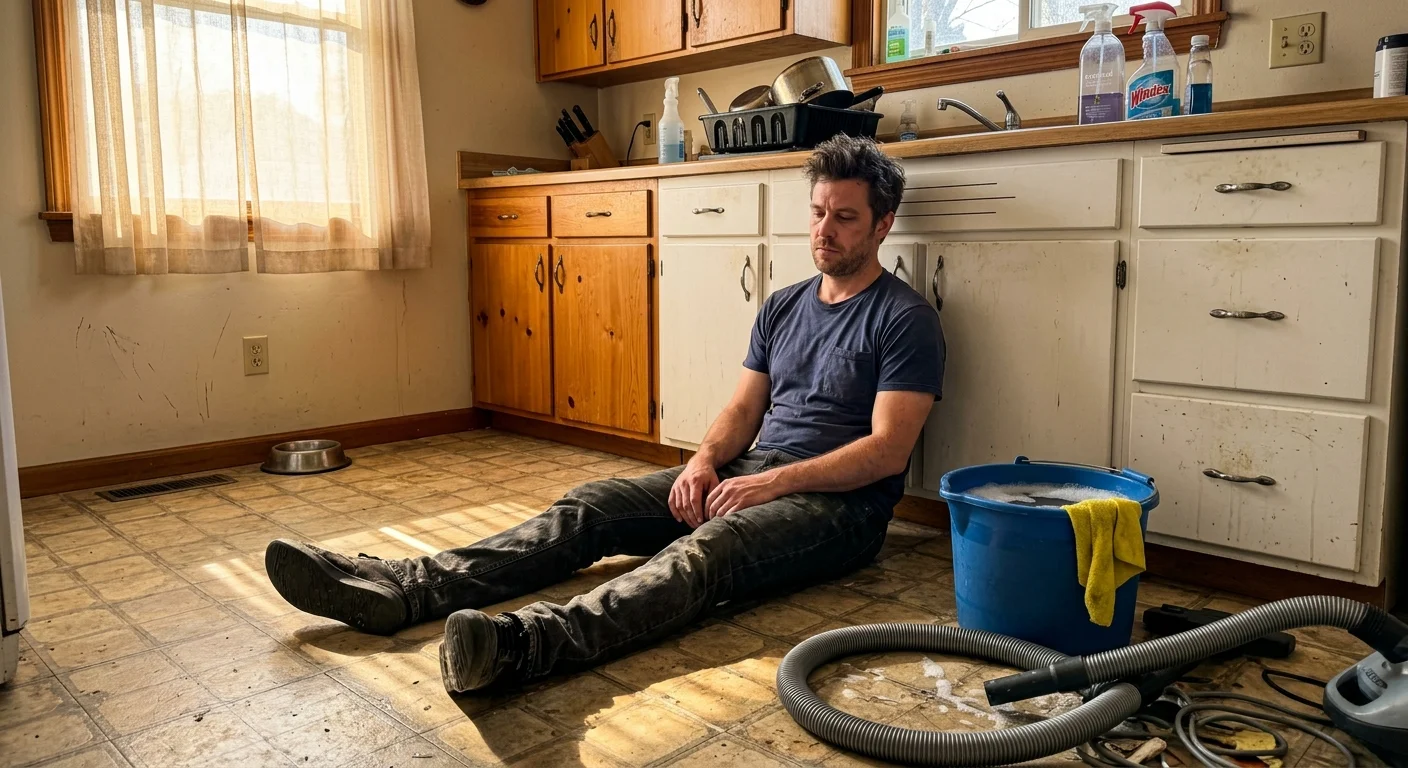 An exhausted man sits on his kitchen floor on a Saturday afternoon, surrounded by a mop bucket and vacuum cleaner hose.