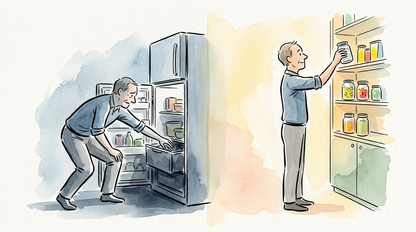An illustration comparing a person straining to reach a low bottom drawer versus standing upright to reach an eye-level shelf.