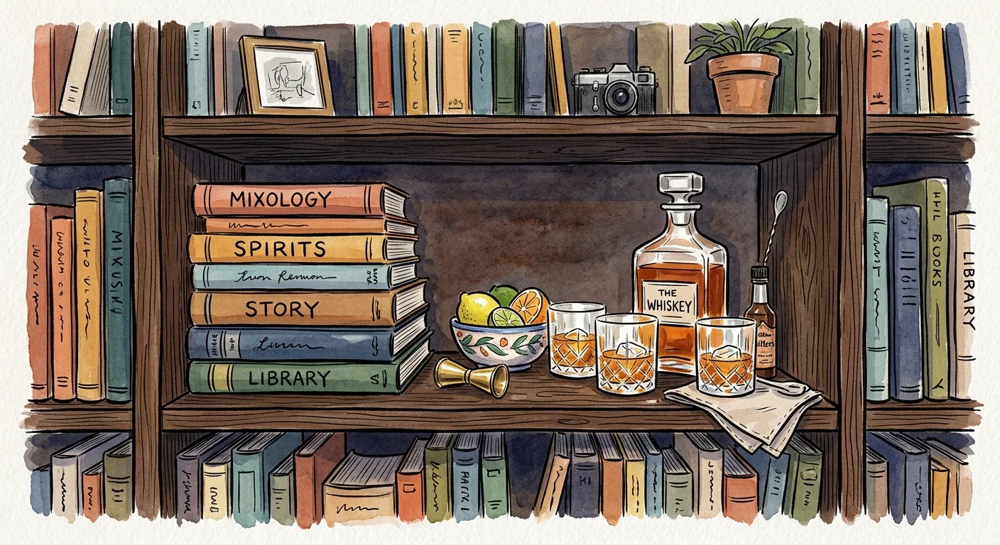 An illustration of a bookshelf shelf repurposed as a mini bar, nestled neatly next to a stack of books.
