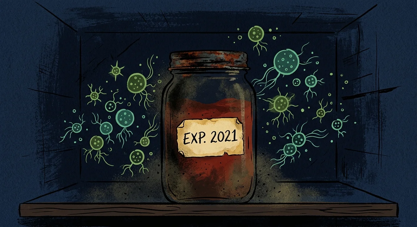 An illustration of a forgotten jar of sauce in the dark back of a shelf, with a label reading EXP 2021.