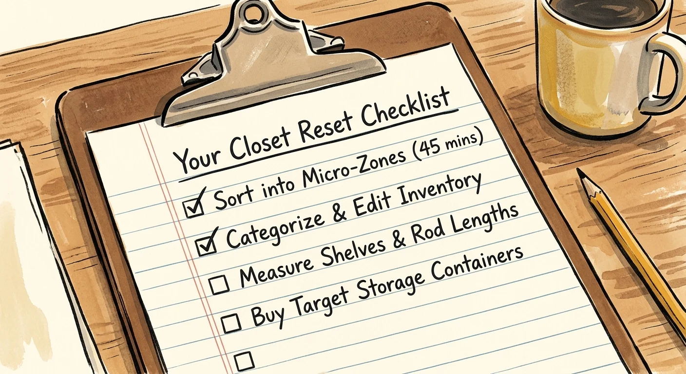 An illustration of a handwritten checklist on a clipboard outlining the steps of a structured closet cleanout.