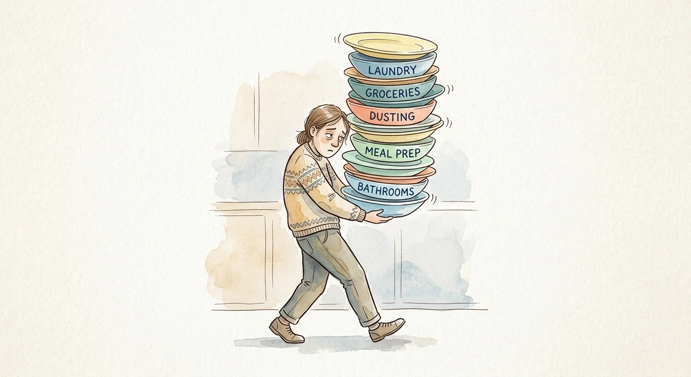 An illustration of a person balancing a tall, precarious stack of plates labeled with various household chores.