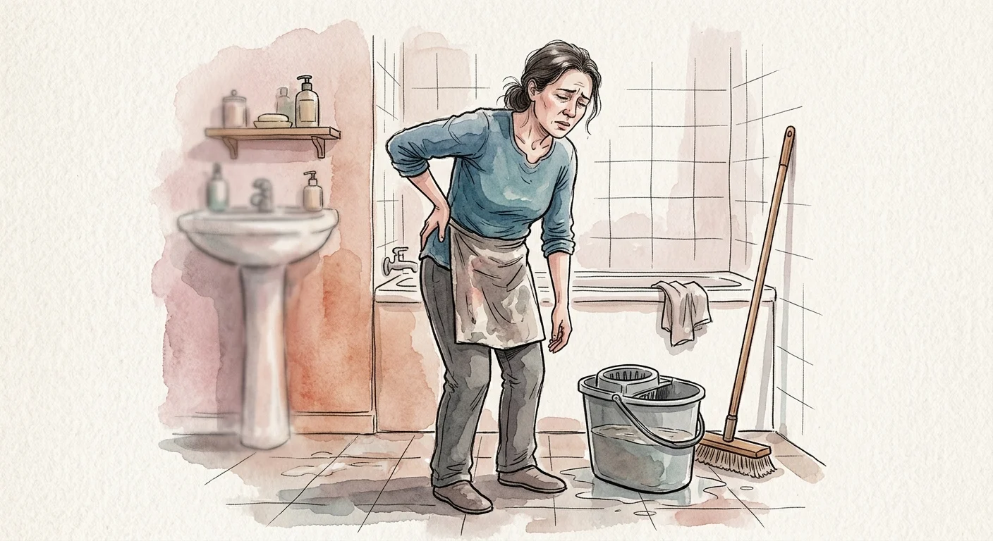 An illustration of a person holding their lower back in pain next to a heavy mop bucket and brush in a bathroom.