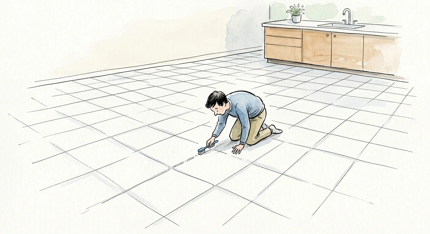 An illustration of a person scrubbing a massive tiled floor with a tiny toothbrush, symbolizing inefficient chore focus.