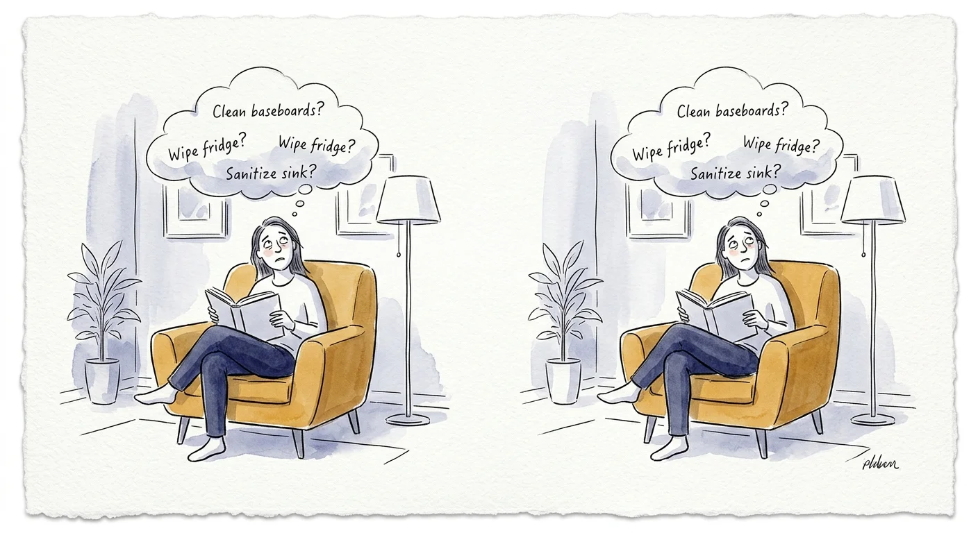 An illustration of a person sitting on an armchair with a cloud of unfinished chores hovering anxiously above their head.