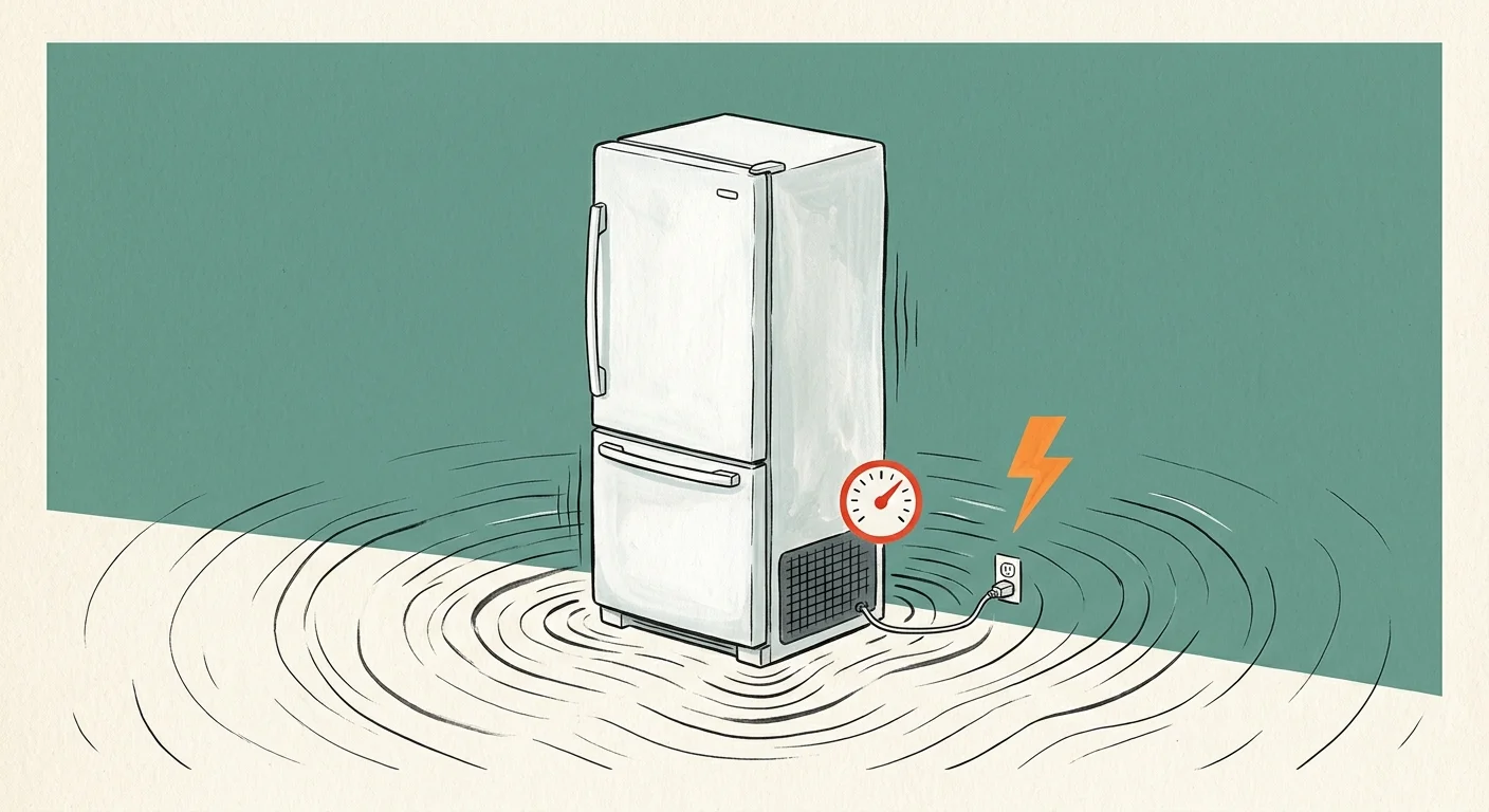 An illustration of a refrigerator with energetic vibration lines around it and a small orange lightning bolt icon.
