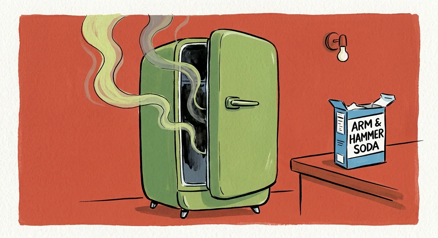 An illustration of a refrigerator with stylized pale green and grey vapor lines wafting out, representing a lingering odor.