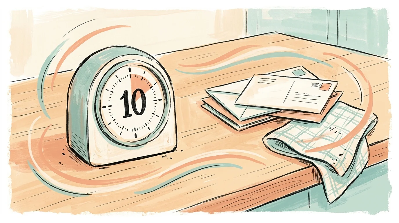 An illustration of a retro kitchen timer set to 10 minutes on a wooden table, symbolizing a quick cleaning routine.