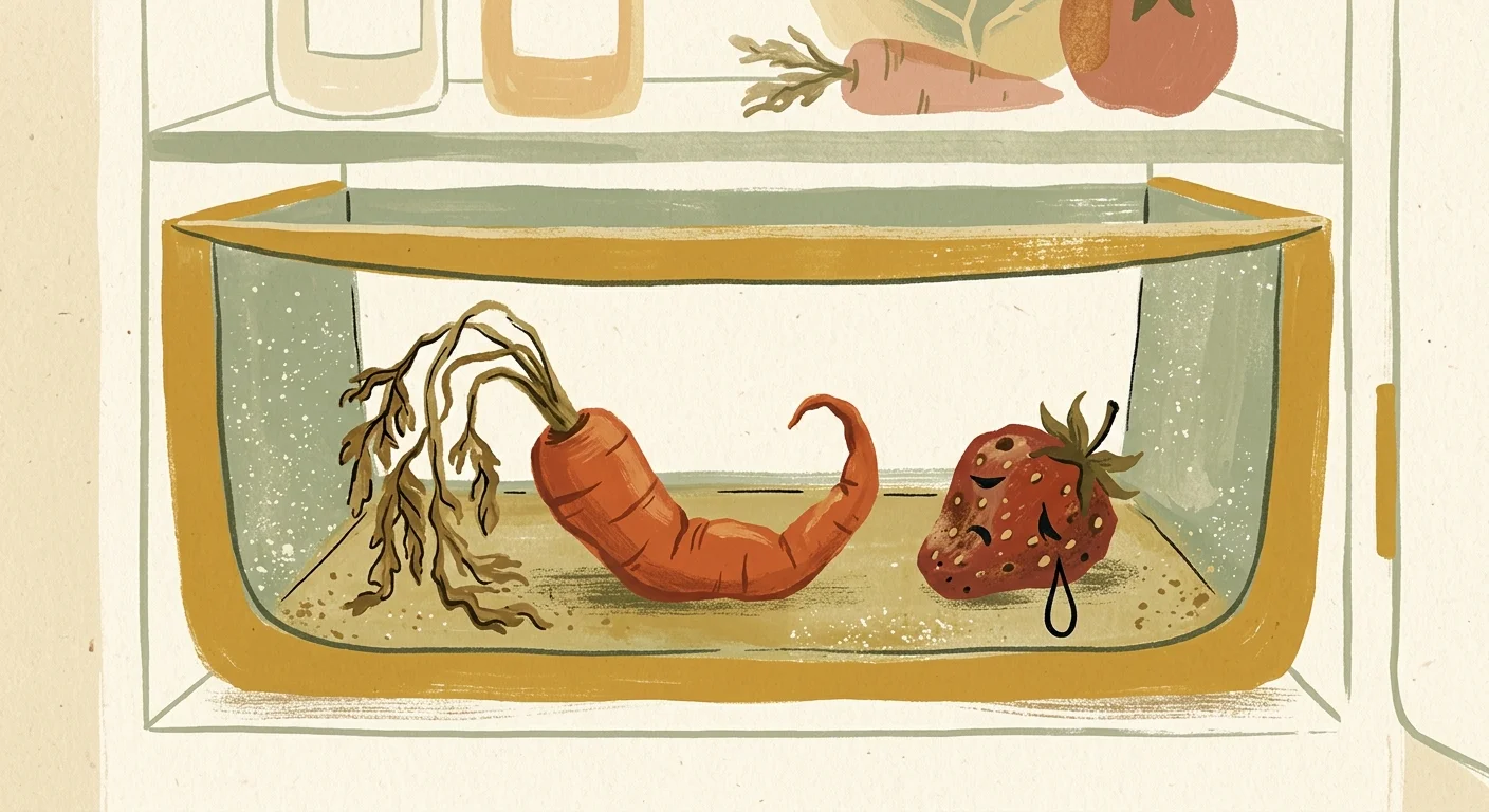 An illustration of a sad, limp carrot and a spotty strawberry in a crisper drawer, symbolizing wilting produce.