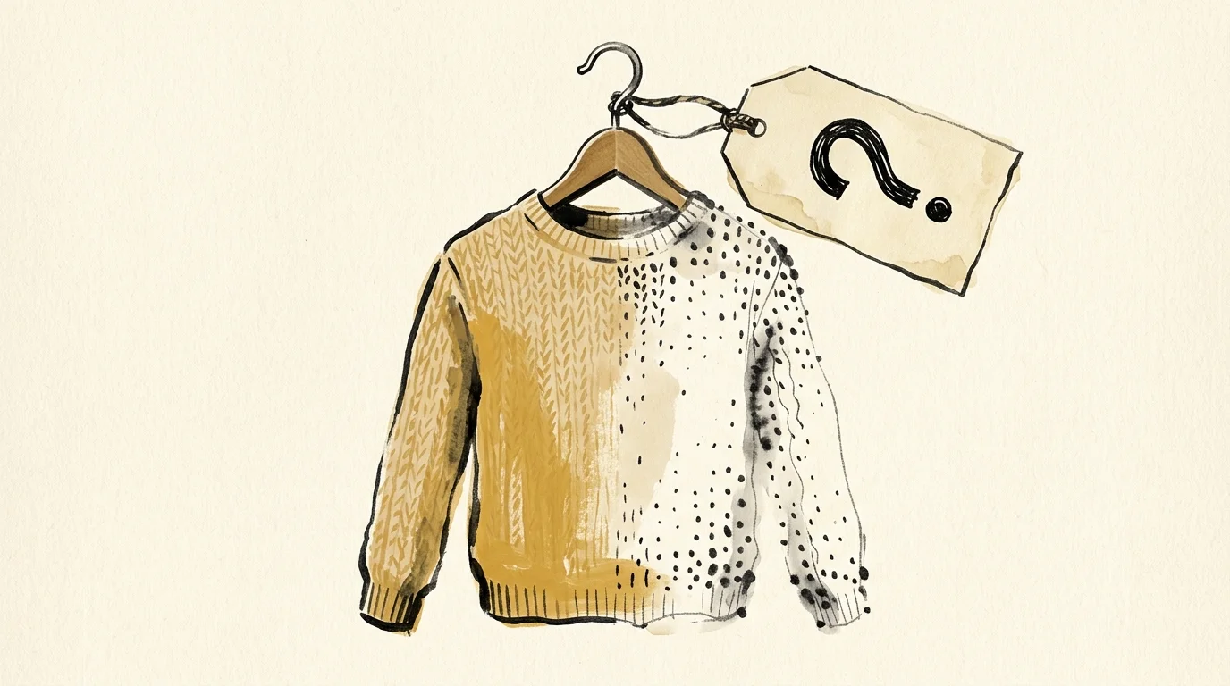 An illustration of a sweater on a hanger with a giant question mark tag, with half the sweater fading away to symbolize indecision.