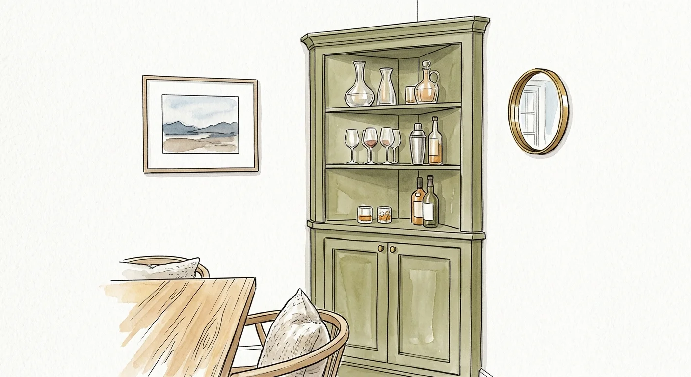 An illustration of a triangular corner hutch in soft green, beautifully styled as a compact home bar.