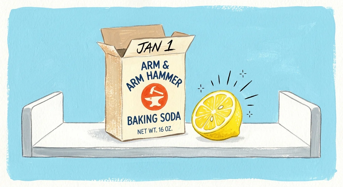 An illustration of an open box of baking soda dated JAN 1 and a fresh lemon slice sitting on a clean refrigerator shelf.