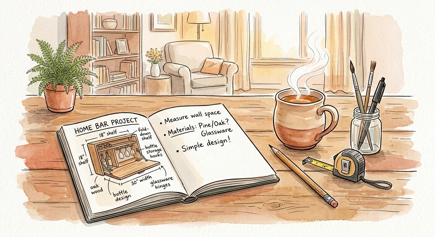 An illustration of an open notebook with a bar sketch on a table next to a tape measure and a mug of tea.