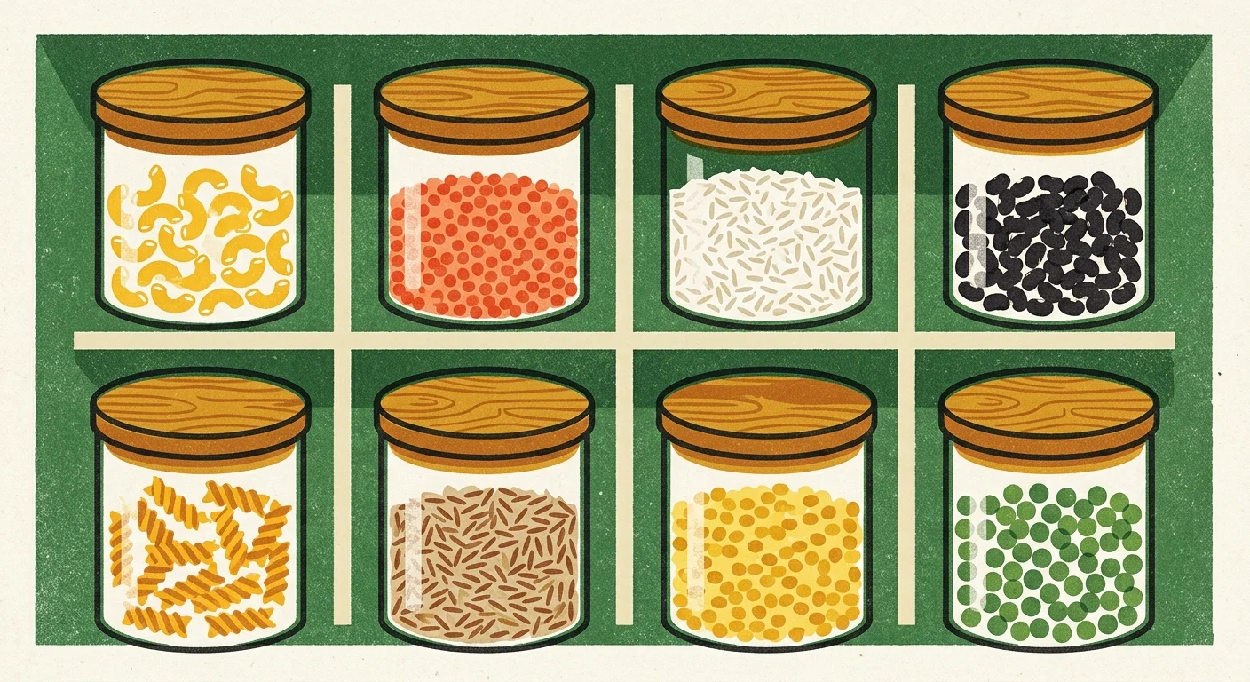 An illustration of an organized kitchen drawer with glass jars filled with dry goods in a neat grid.